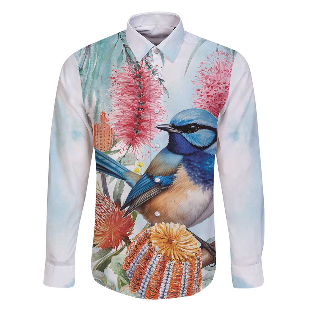 Splendid Fairy-wren Australia Family Matching Long Sleeve Bodycon Dress and Hawaiian Shirt Aussie National Flowers - Watercolor Style