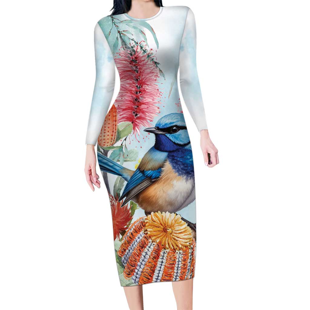 Splendid Fairy-wren Australia Family Matching Long Sleeve Bodycon Dress and Hawaiian Shirt Aussie National Flowers - Watercolor Style