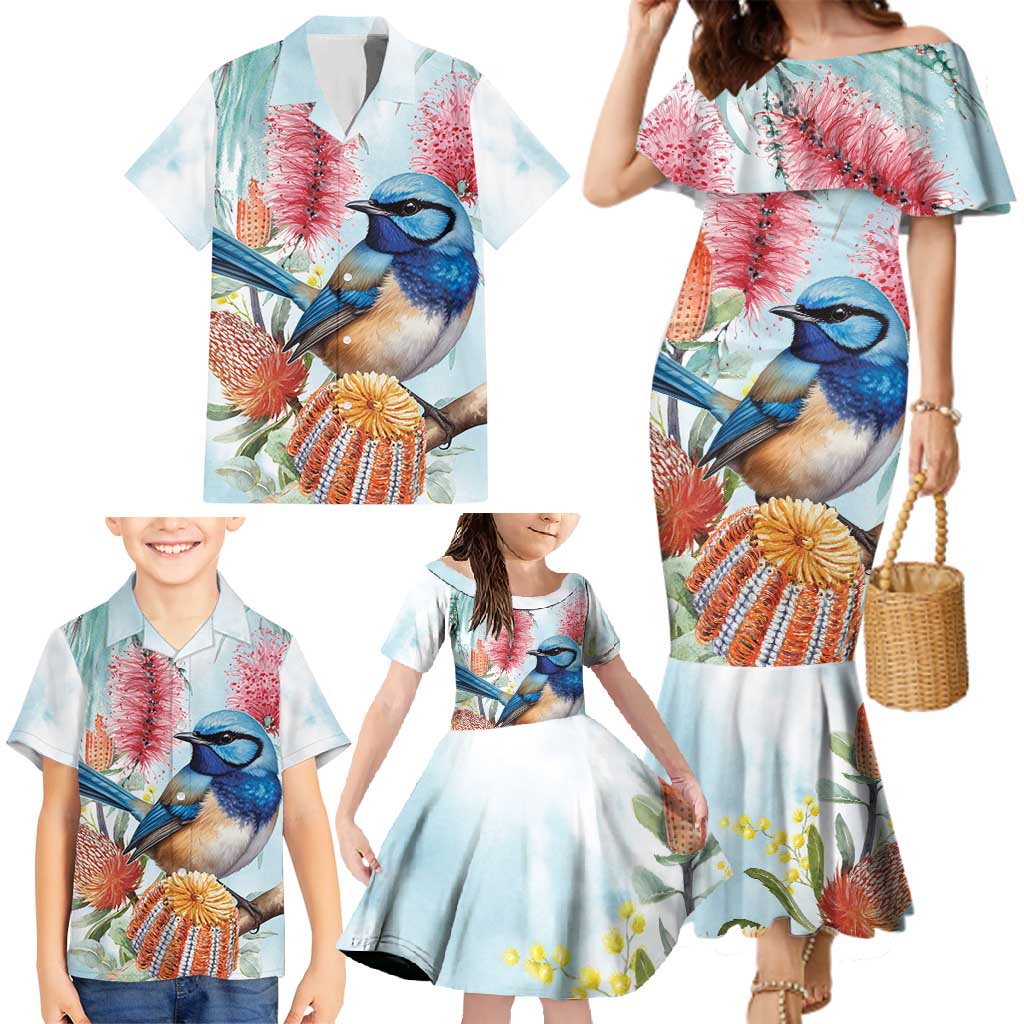Splendid Fairy-wren Australia Family Matching Mermaid Dress and Hawaiian Shirt Aussie National Flowers - Watercolor Style