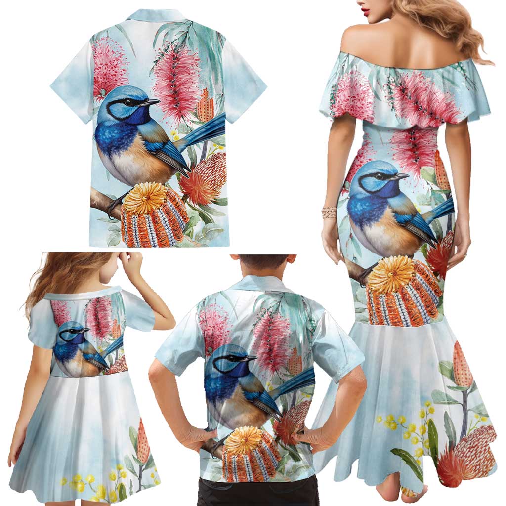Splendid Fairy-wren Australia Family Matching Mermaid Dress and Hawaiian Shirt Aussie National Flowers - Watercolor Style