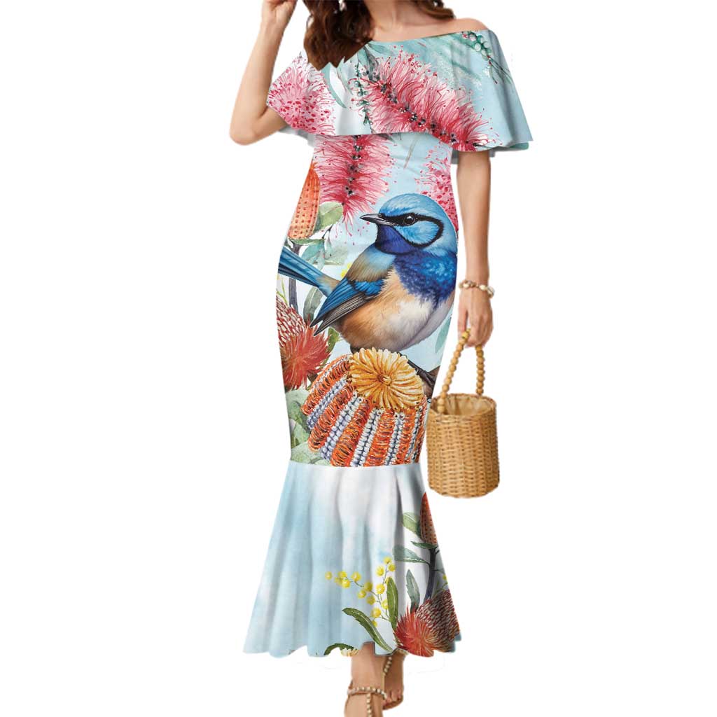 Splendid Fairy-wren Australia Family Matching Mermaid Dress and Hawaiian Shirt Aussie National Flowers - Watercolor Style