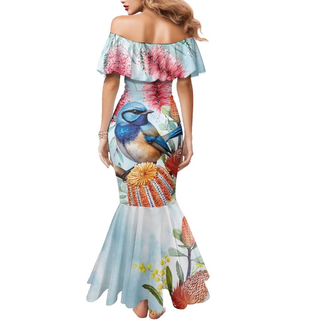 Splendid Fairy-wren Australia Family Matching Mermaid Dress and Hawaiian Shirt Aussie National Flowers - Watercolor Style