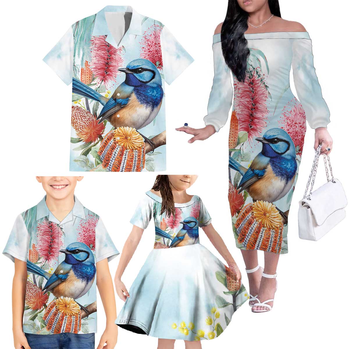 Splendid Fairy-wren Australia Family Matching Off The Shoulder Long Sleeve Dress and Hawaiian Shirt Aussie National Flowers - Watercolor Style