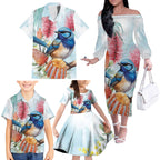 Splendid Fairy-wren Australia Family Matching Off The Shoulder Long Sleeve Dress and Hawaiian Shirt Aussie National Flowers - Watercolor Style