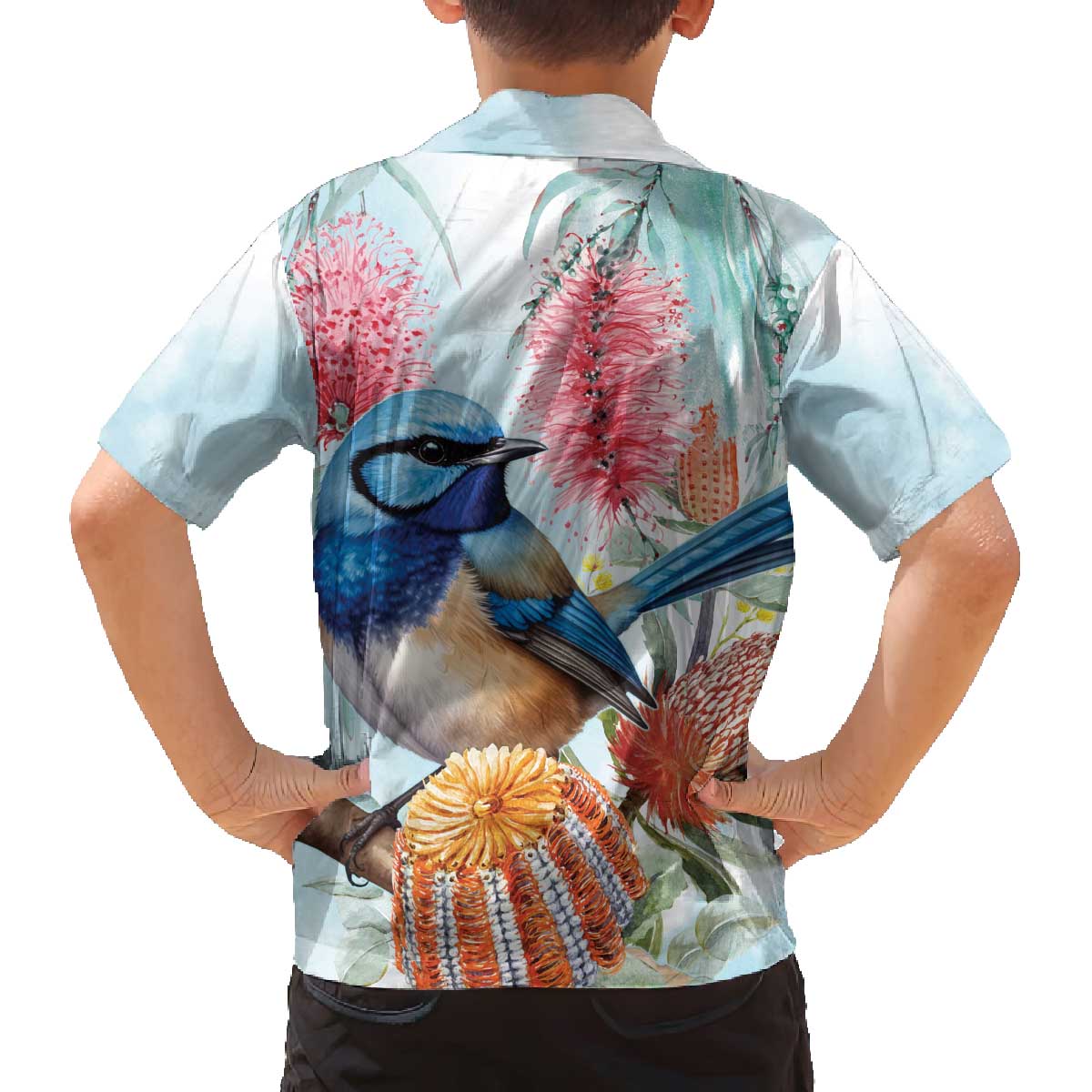 Splendid Fairy-wren Australia Family Matching Off The Shoulder Long Sleeve Dress and Hawaiian Shirt Aussie National Flowers - Watercolor Style