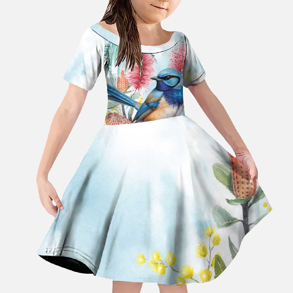Splendid Fairy-wren Australia Family Matching Off The Shoulder Long Sleeve Dress and Hawaiian Shirt Aussie National Flowers - Watercolor Style