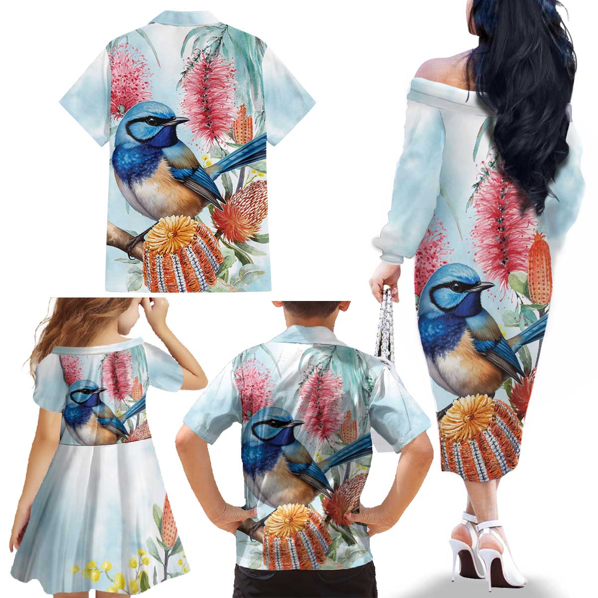 Splendid Fairy-wren Australia Family Matching Off The Shoulder Long Sleeve Dress and Hawaiian Shirt Aussie National Flowers - Watercolor Style