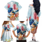 Splendid Fairy-wren Australia Family Matching Off The Shoulder Long Sleeve Dress and Hawaiian Shirt Aussie National Flowers - Watercolor Style