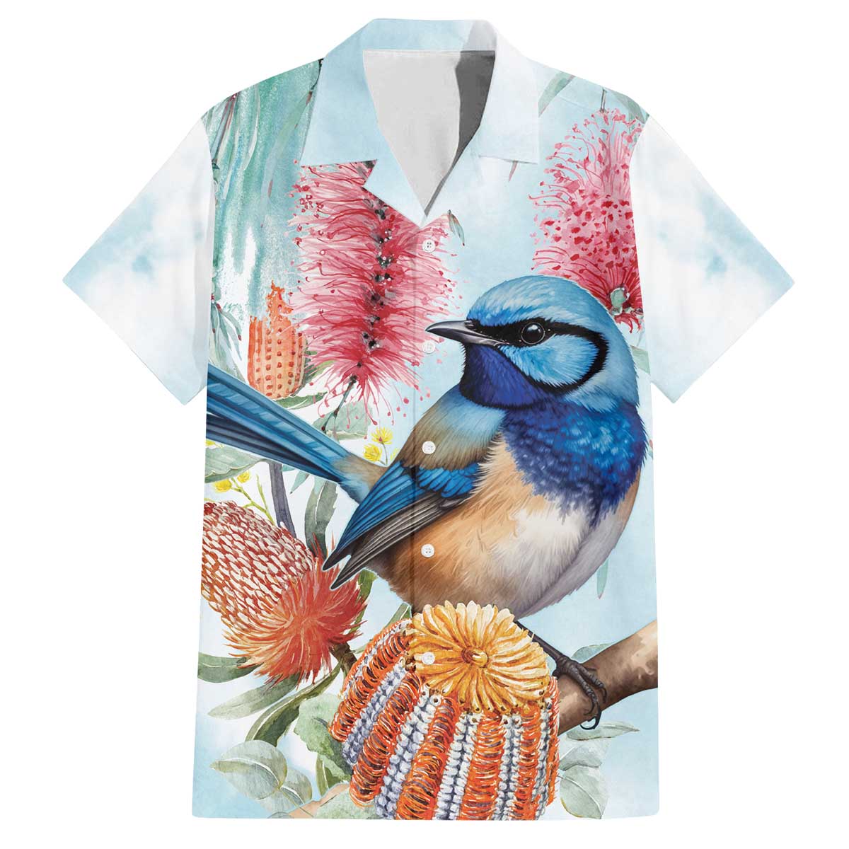 Splendid Fairy-wren Australia Family Matching Off The Shoulder Long Sleeve Dress and Hawaiian Shirt Aussie National Flowers - Watercolor Style