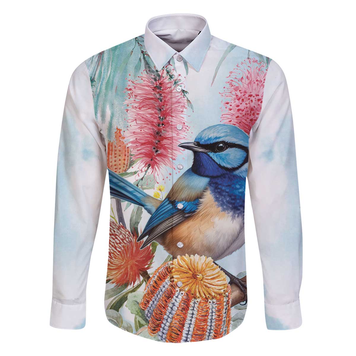 Splendid Fairy-wren Australia Family Matching Off The Shoulder Long Sleeve Dress and Hawaiian Shirt Aussie National Flowers - Watercolor Style