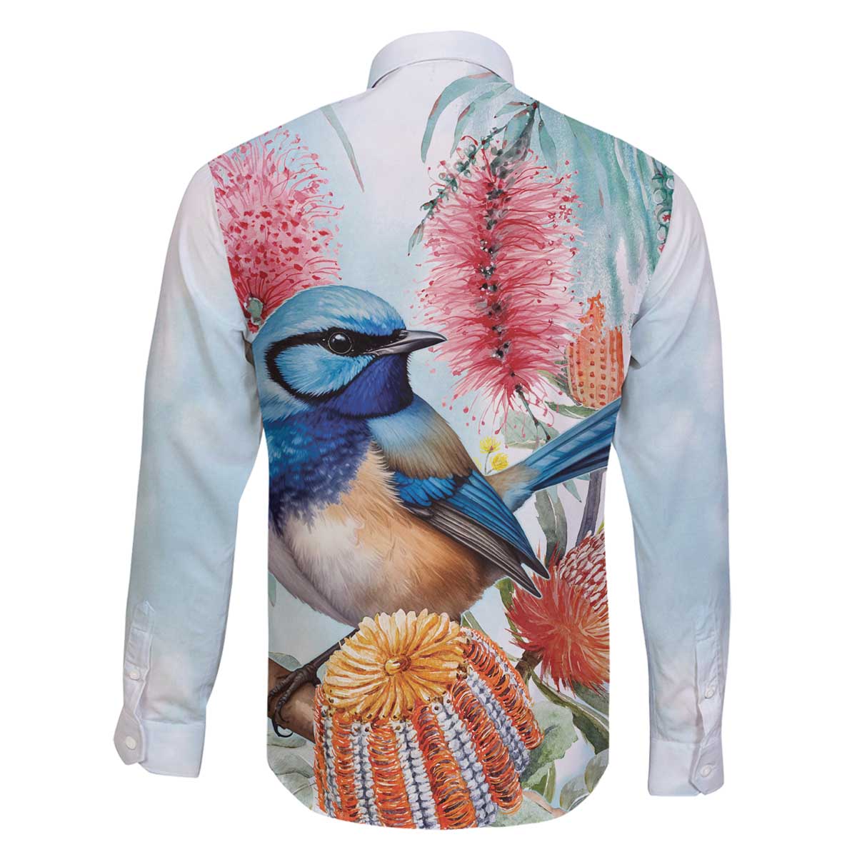 Splendid Fairy-wren Australia Family Matching Off The Shoulder Long Sleeve Dress and Hawaiian Shirt Aussie National Flowers - Watercolor Style