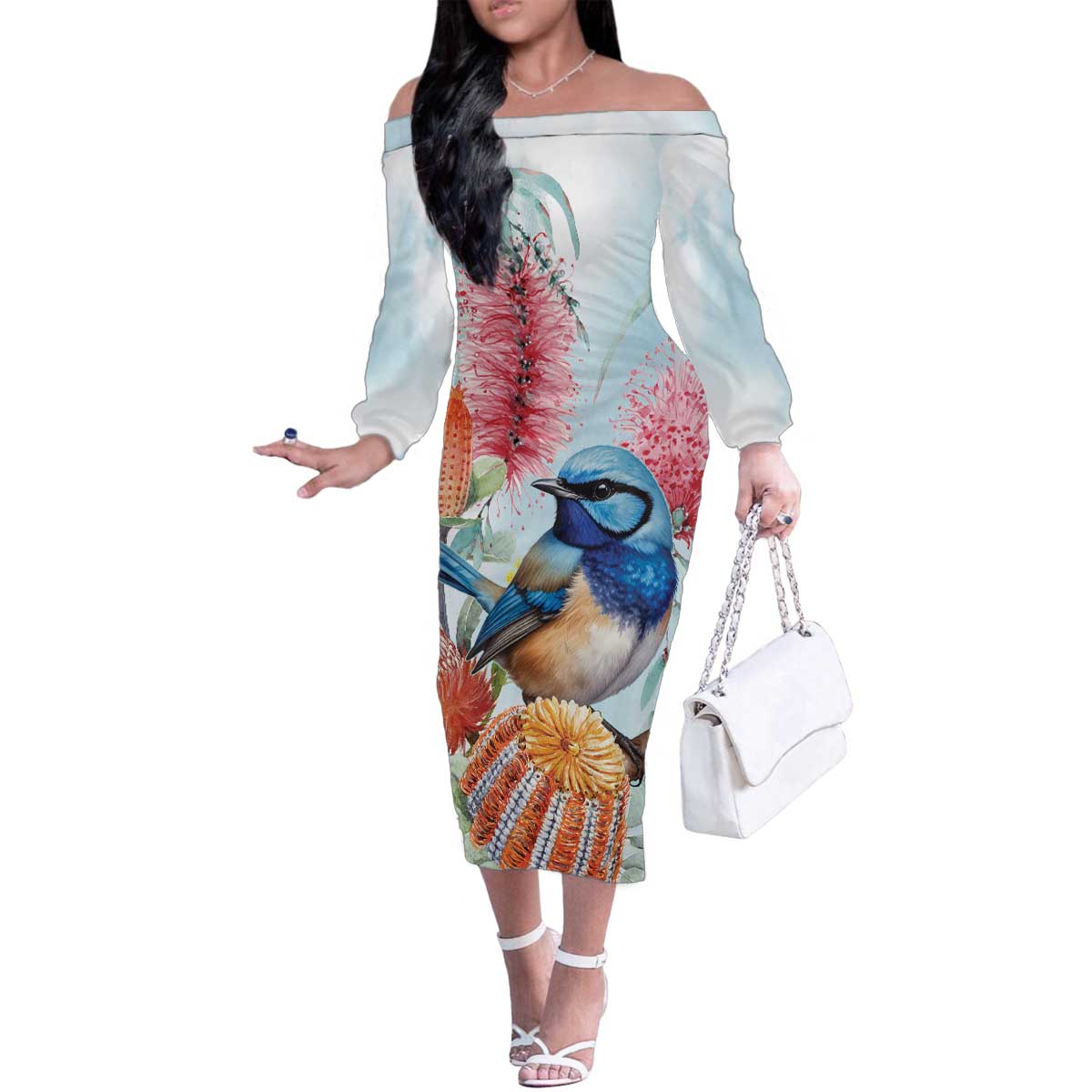 Splendid Fairy-wren Australia Family Matching Off The Shoulder Long Sleeve Dress and Hawaiian Shirt Aussie National Flowers - Watercolor Style