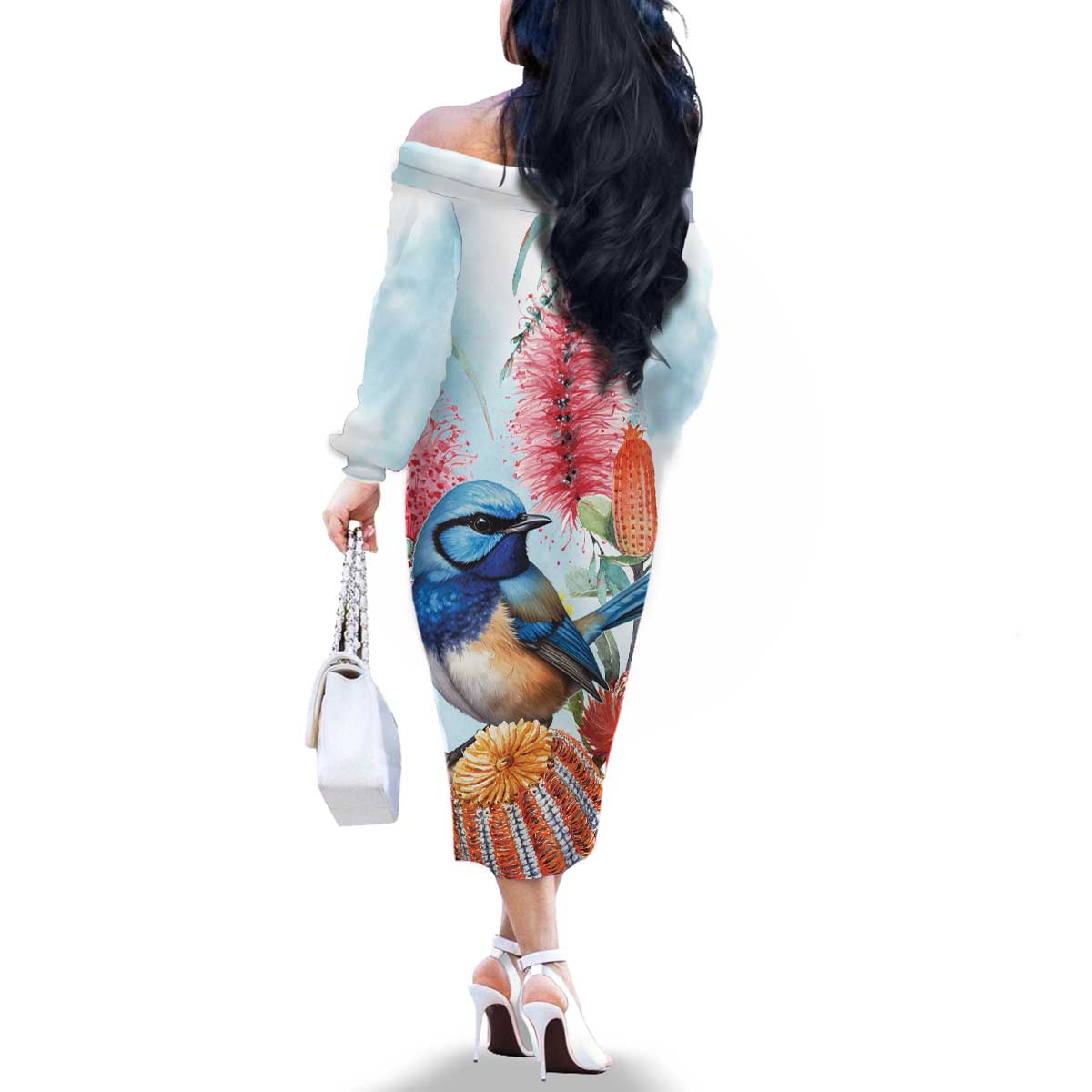 Splendid Fairy-wren Australia Family Matching Off The Shoulder Long Sleeve Dress and Hawaiian Shirt Aussie National Flowers - Watercolor Style