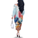 Splendid Fairy-wren Australia Family Matching Off The Shoulder Long Sleeve Dress and Hawaiian Shirt Aussie National Flowers - Watercolor Style