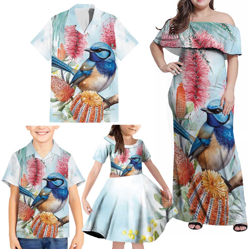 Splendid Fairy-wren Australia Family Matching Off Shoulder Maxi Dress and Hawaiian Shirt Aussie National Flowers - Watercolor Style