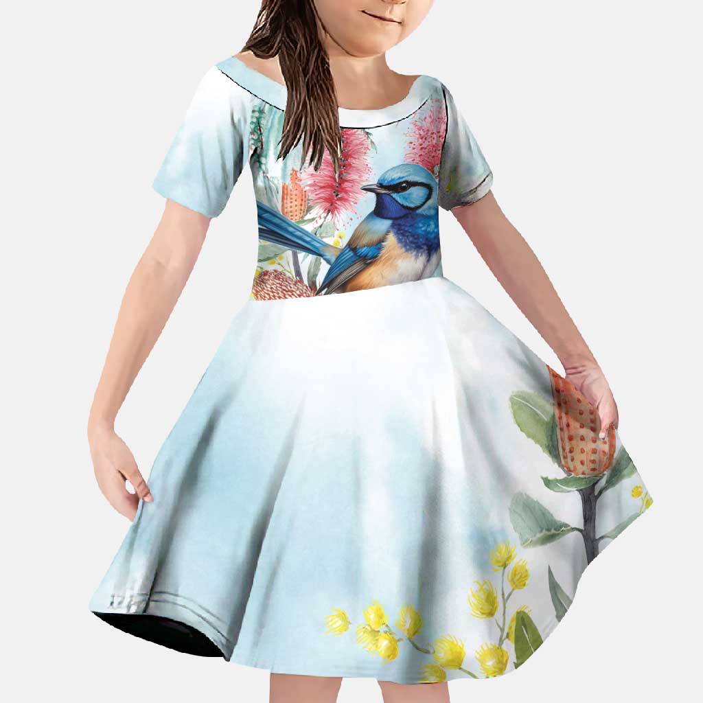 Splendid Fairy-wren Australia Family Matching Off Shoulder Maxi Dress and Hawaiian Shirt Aussie National Flowers - Watercolor Style