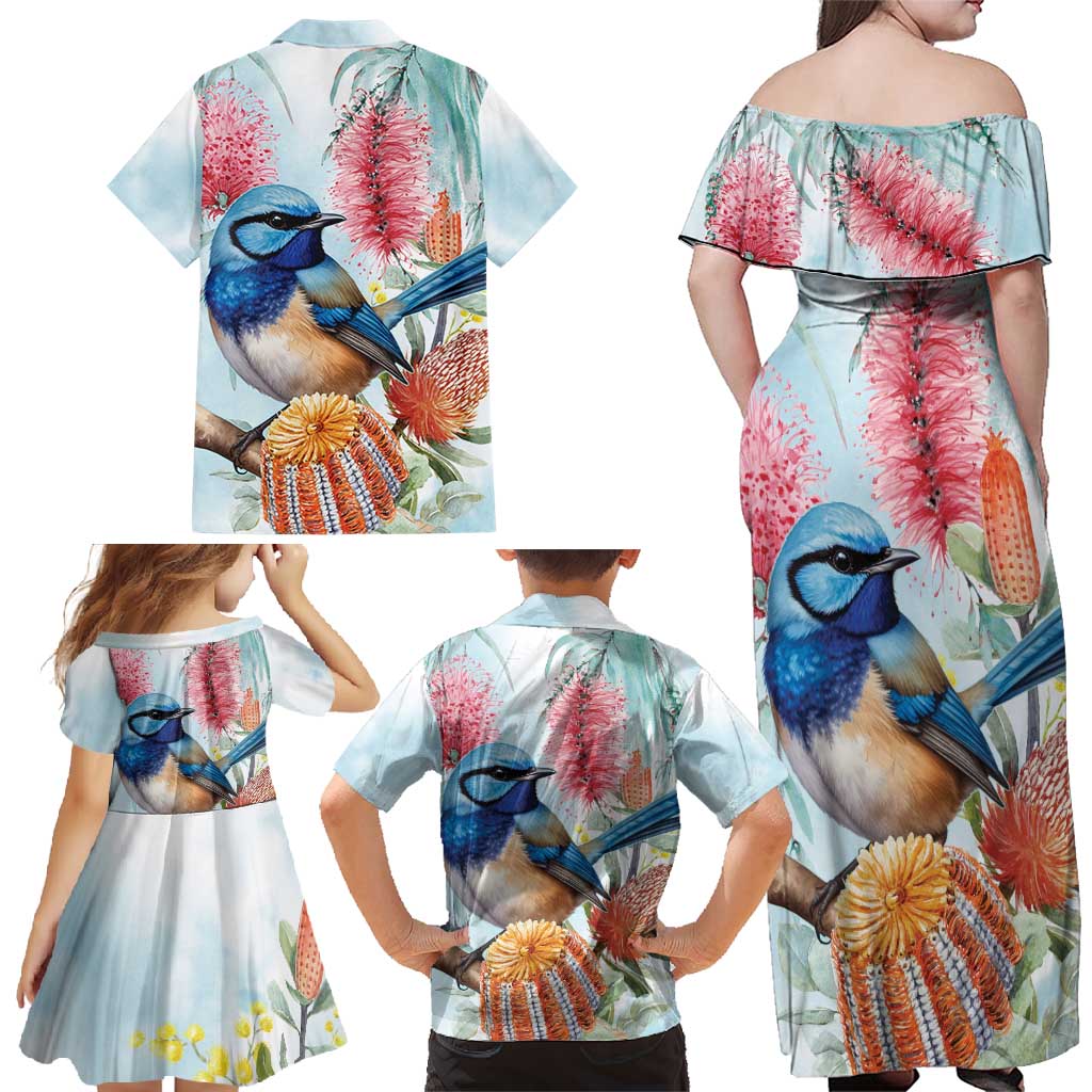 Splendid Fairy-wren Australia Family Matching Off Shoulder Maxi Dress and Hawaiian Shirt Aussie National Flowers - Watercolor Style