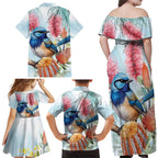 Splendid Fairy-wren Australia Family Matching Off Shoulder Maxi Dress and Hawaiian Shirt Aussie National Flowers - Watercolor Style