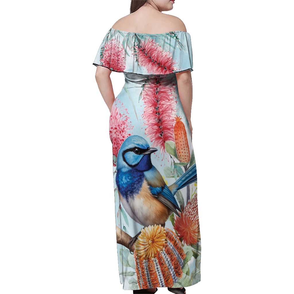 Splendid Fairy-wren Australia Family Matching Off Shoulder Maxi Dress and Hawaiian Shirt Aussie National Flowers - Watercolor Style