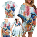 Splendid Fairy-wren Australia Family Matching Off Shoulder Short Dress and Hawaiian Shirt Aussie National Flowers - Watercolor Style
