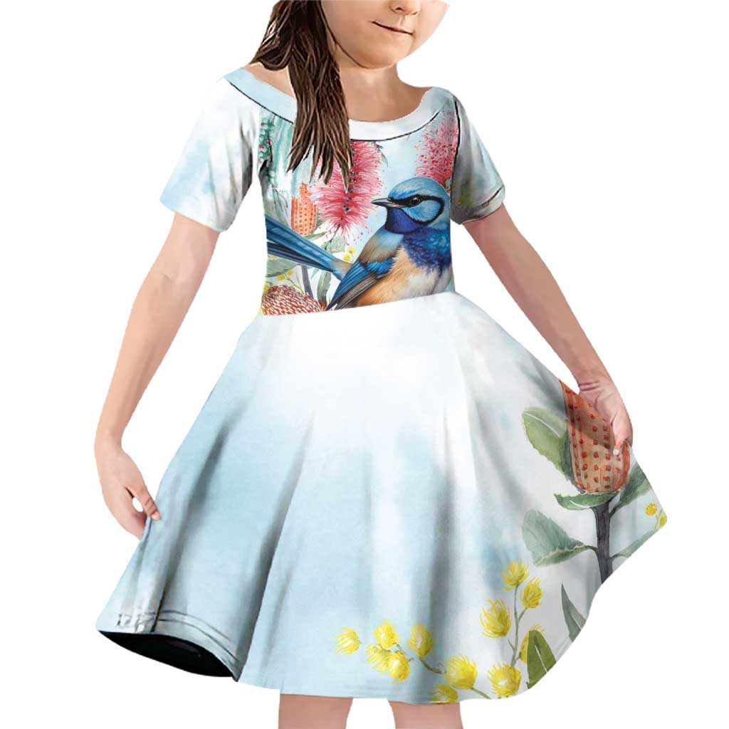 Splendid Fairy-wren Australia Family Matching Off Shoulder Short Dress and Hawaiian Shirt Aussie National Flowers - Watercolor Style