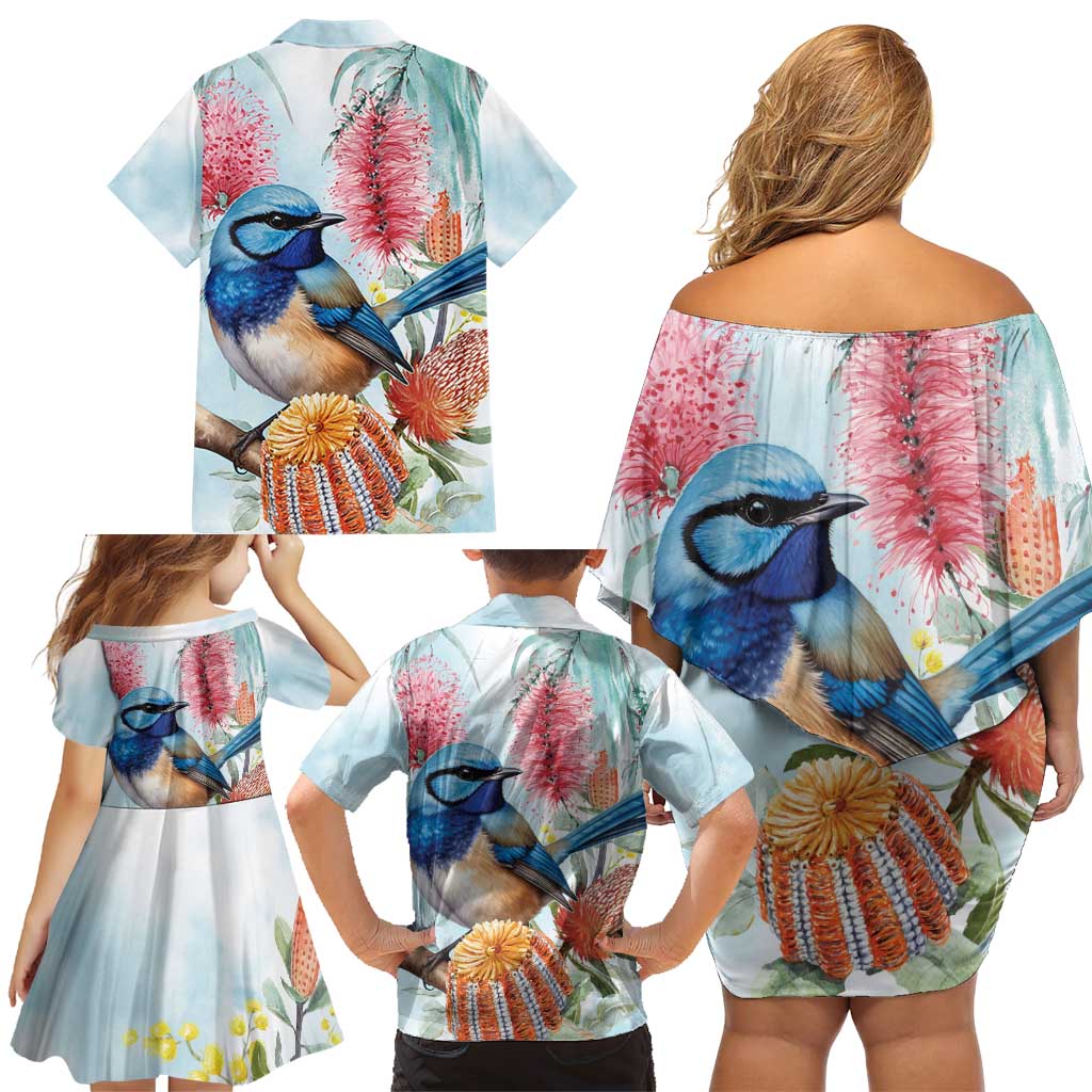Splendid Fairy-wren Australia Family Matching Off Shoulder Short Dress and Hawaiian Shirt Aussie National Flowers - Watercolor Style