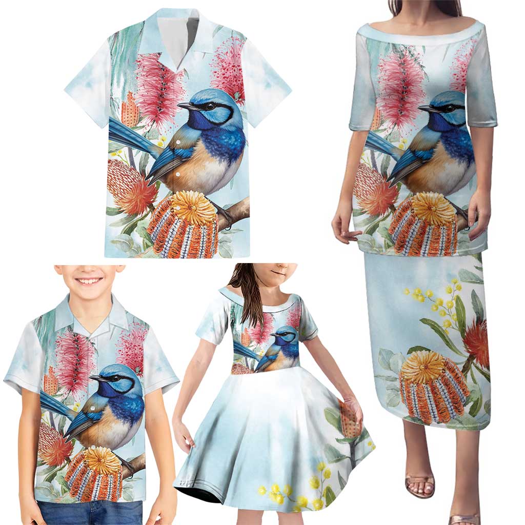 Splendid Fairy-wren Australia Family Matching Puletasi and Hawaiian Shirt Aussie National Flowers - Watercolor Style