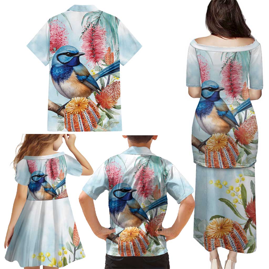 Splendid Fairy-wren Australia Family Matching Puletasi and Hawaiian Shirt Aussie National Flowers - Watercolor Style