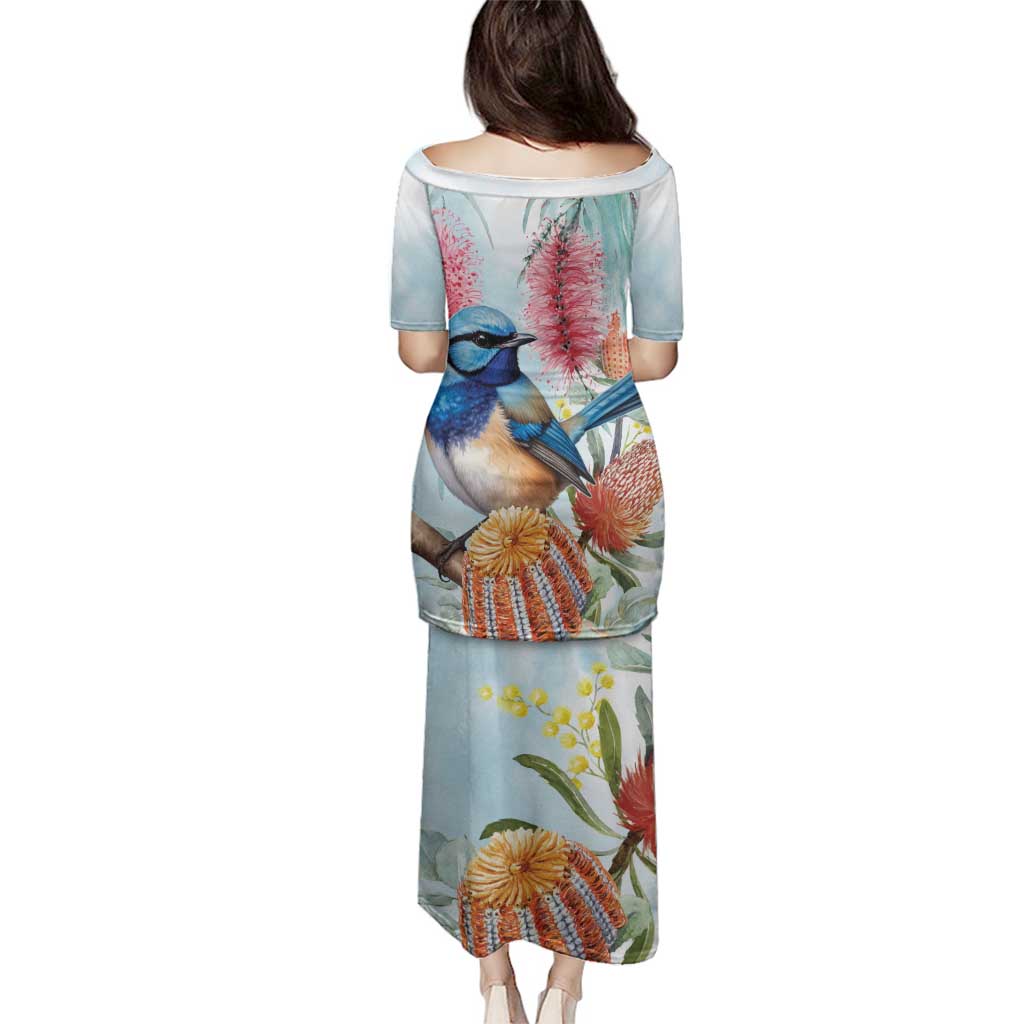 Splendid Fairy-wren Australia Family Matching Puletasi and Hawaiian Shirt Aussie National Flowers - Watercolor Style