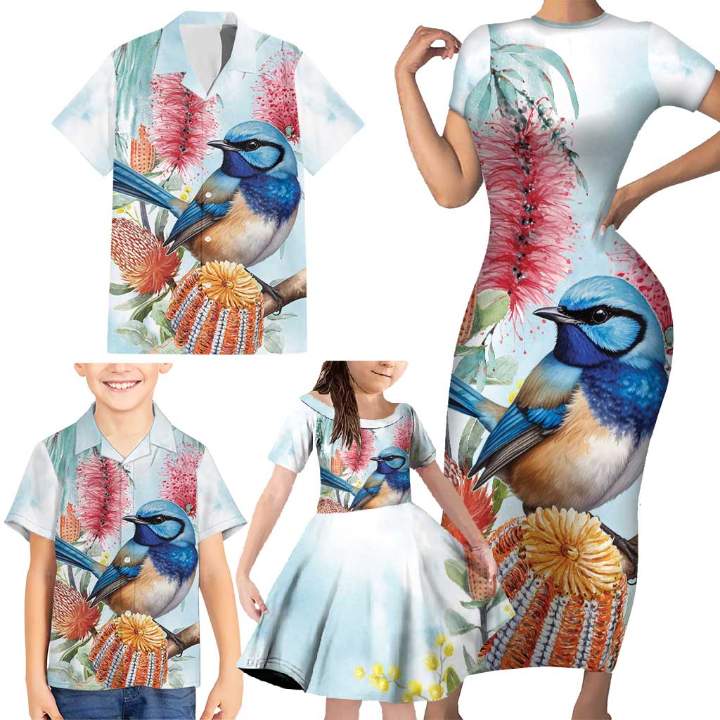 Splendid Fairy-wren Australia Family Matching Short Sleeve Bodycon Dress and Hawaiian Shirt Aussie National Flowers - Watercolor Style