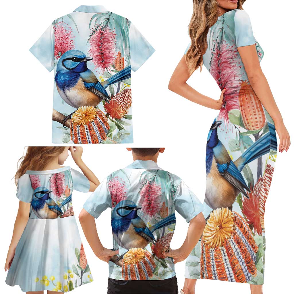 Splendid Fairy-wren Australia Family Matching Short Sleeve Bodycon Dress and Hawaiian Shirt Aussie National Flowers - Watercolor Style