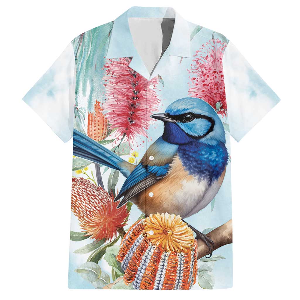 Splendid Fairy-wren Australia Family Matching Short Sleeve Bodycon Dress and Hawaiian Shirt Aussie National Flowers - Watercolor Style