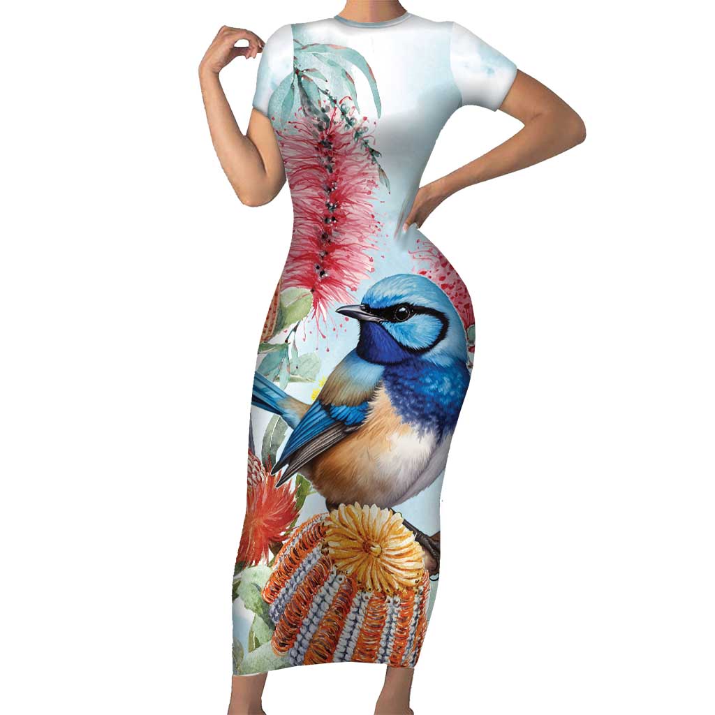 Splendid Fairy-wren Australia Family Matching Short Sleeve Bodycon Dress and Hawaiian Shirt Aussie National Flowers - Watercolor Style