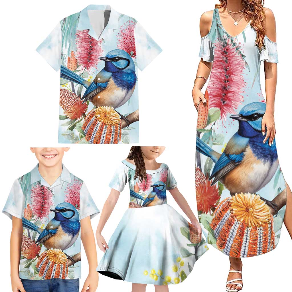 Splendid Fairy-wren Australia Family Matching Summer Maxi Dress and Hawaiian Shirt Aussie National Flowers - Watercolor Style