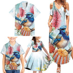 Splendid Fairy-wren Australia Family Matching Summer Maxi Dress and Hawaiian Shirt Aussie National Flowers - Watercolor Style