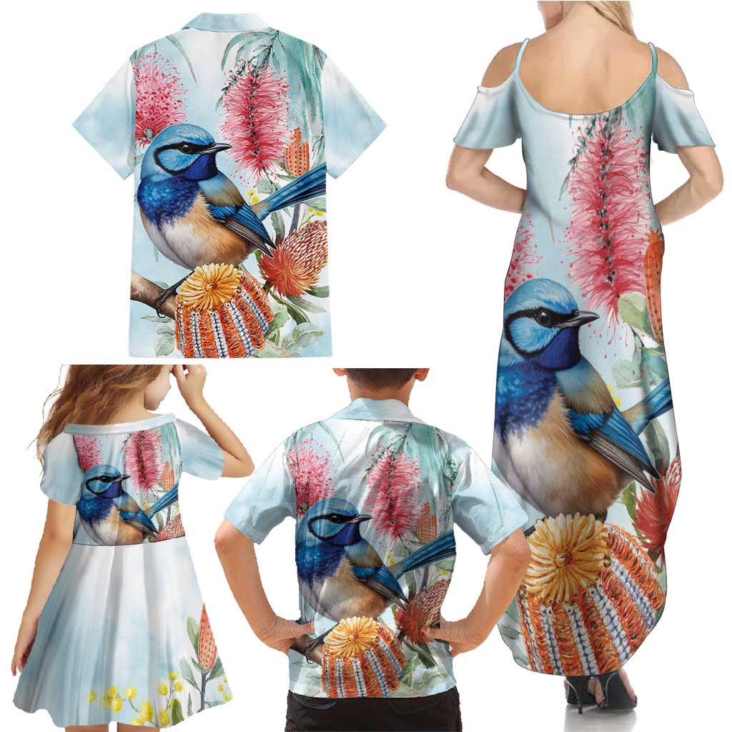Splendid Fairy-wren Australia Family Matching Summer Maxi Dress and Hawaiian Shirt Aussie National Flowers - Watercolor Style
