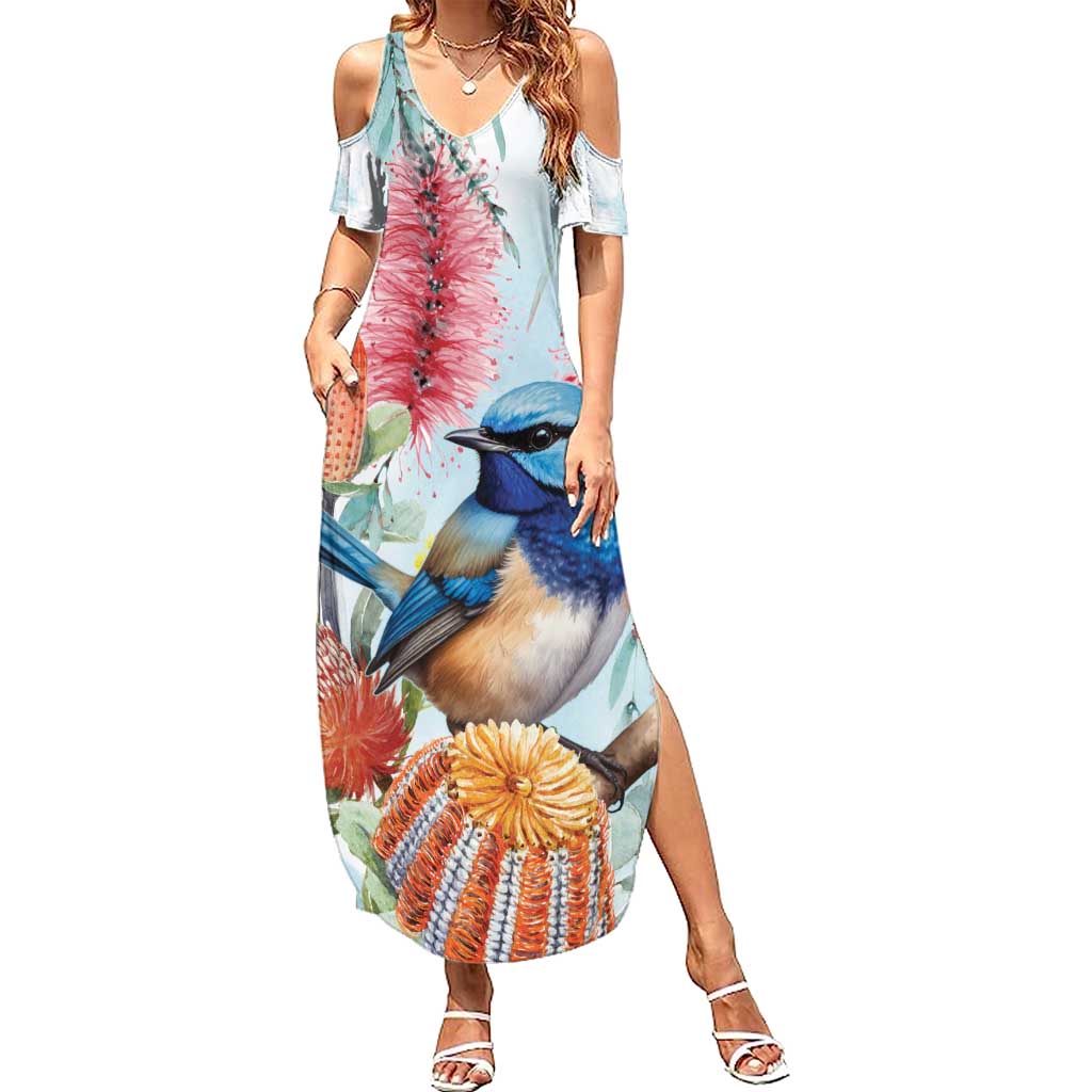 Splendid Fairy-wren Australia Family Matching Summer Maxi Dress and Hawaiian Shirt Aussie National Flowers - Watercolor Style