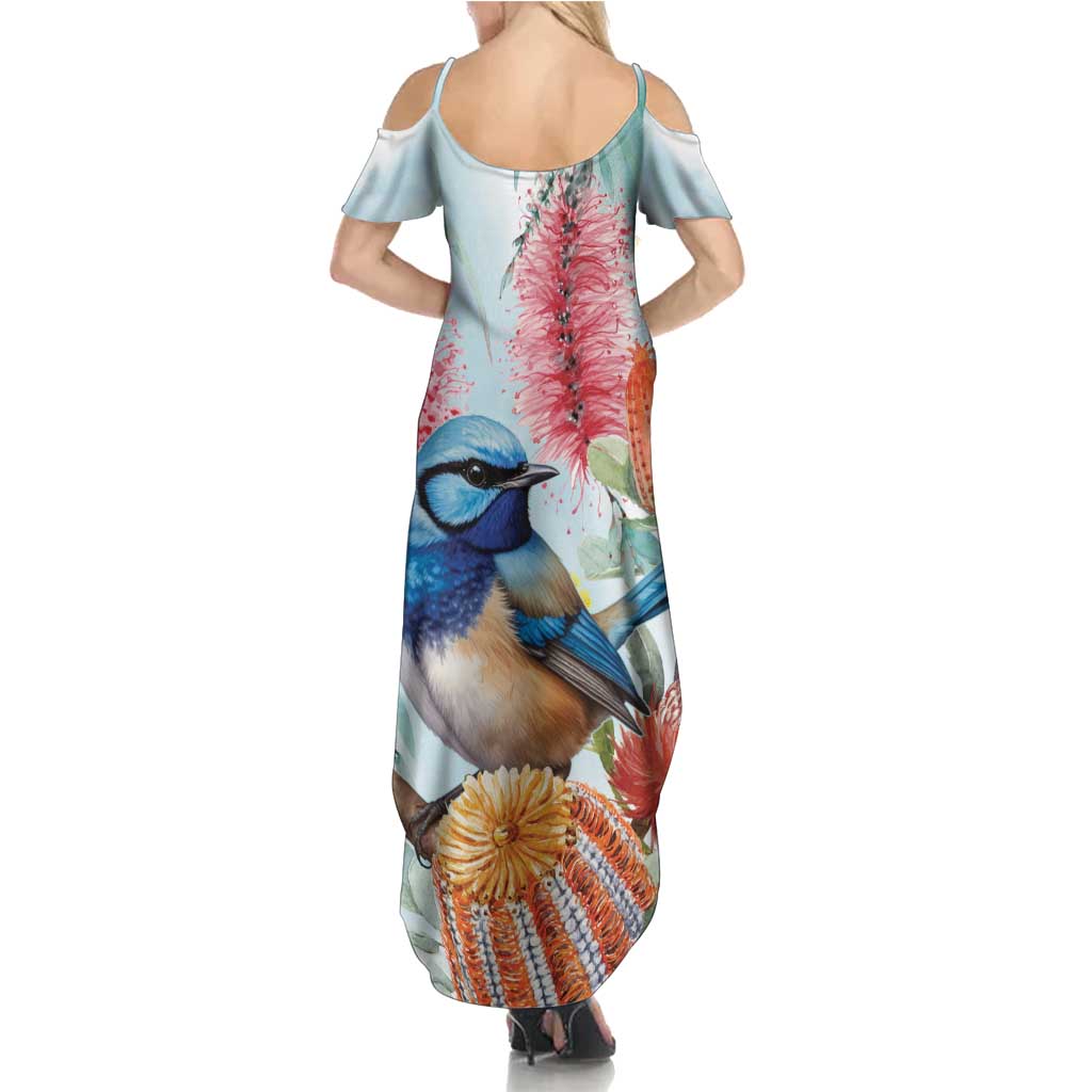 Splendid Fairy-wren Australia Family Matching Summer Maxi Dress and Hawaiian Shirt Aussie National Flowers - Watercolor Style
