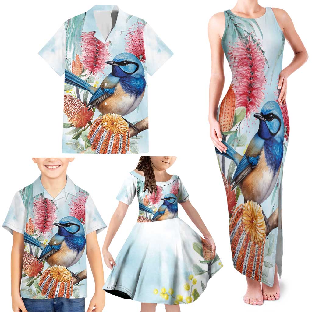 Splendid Fairy-wren Australia Family Matching Tank Maxi Dress and Hawaiian Shirt Aussie National Flowers - Watercolor Style