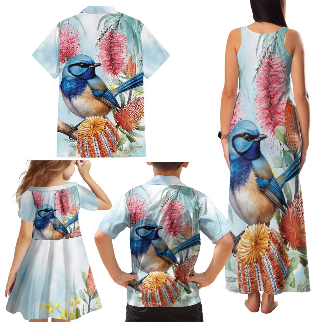Splendid Fairy-wren Australia Family Matching Tank Maxi Dress and Hawaiian Shirt Aussie National Flowers - Watercolor Style