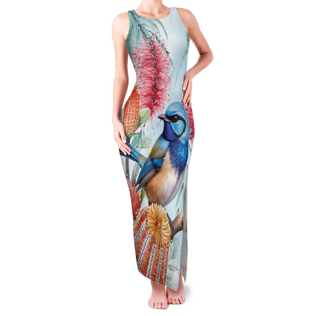 Splendid Fairy-wren Australia Family Matching Tank Maxi Dress and Hawaiian Shirt Aussie National Flowers - Watercolor Style
