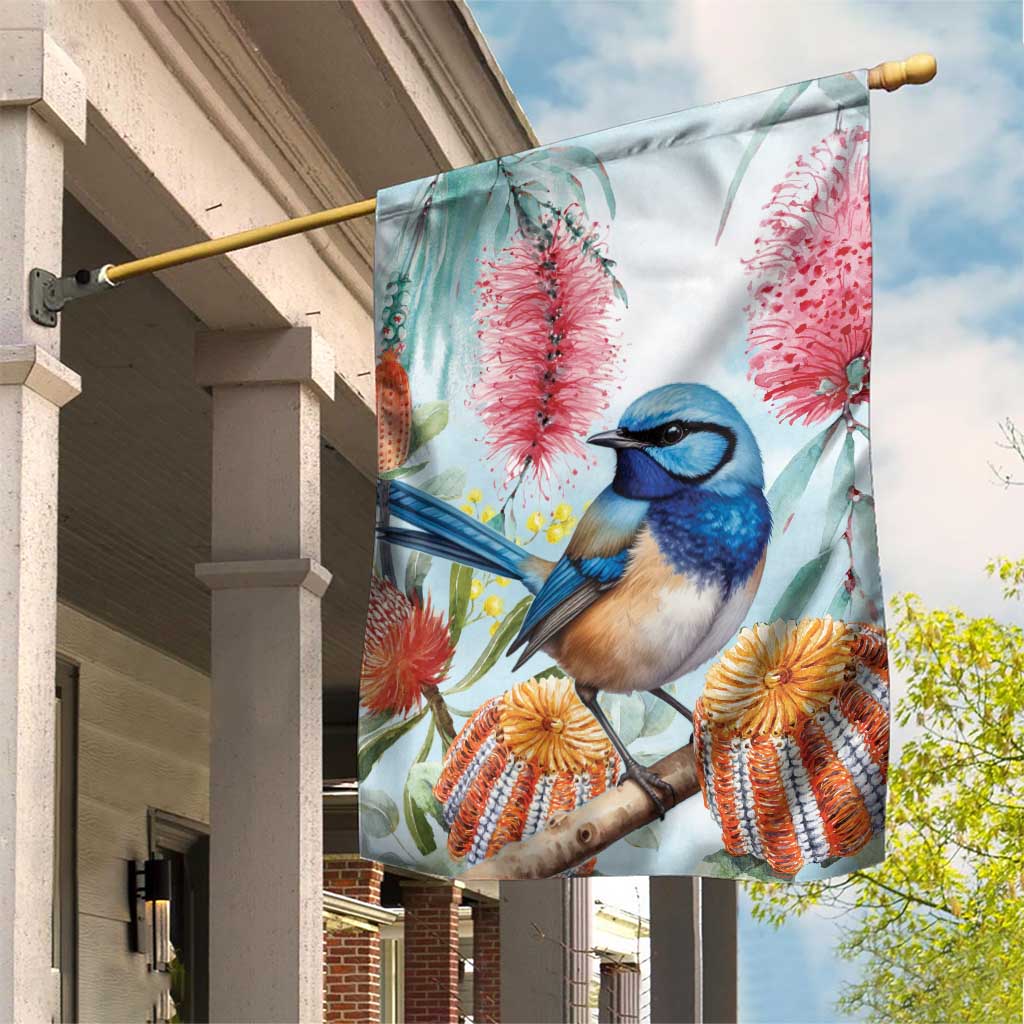 Splendid Fairy-wren Australia Garden Flag Aussie National Flowers - Watercolor Style