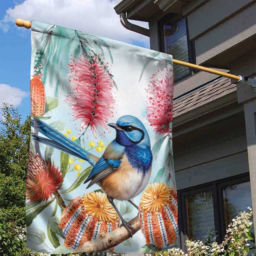 Splendid Fairy-wren Australia Garden Flag Aussie National Flowers - Watercolor Style