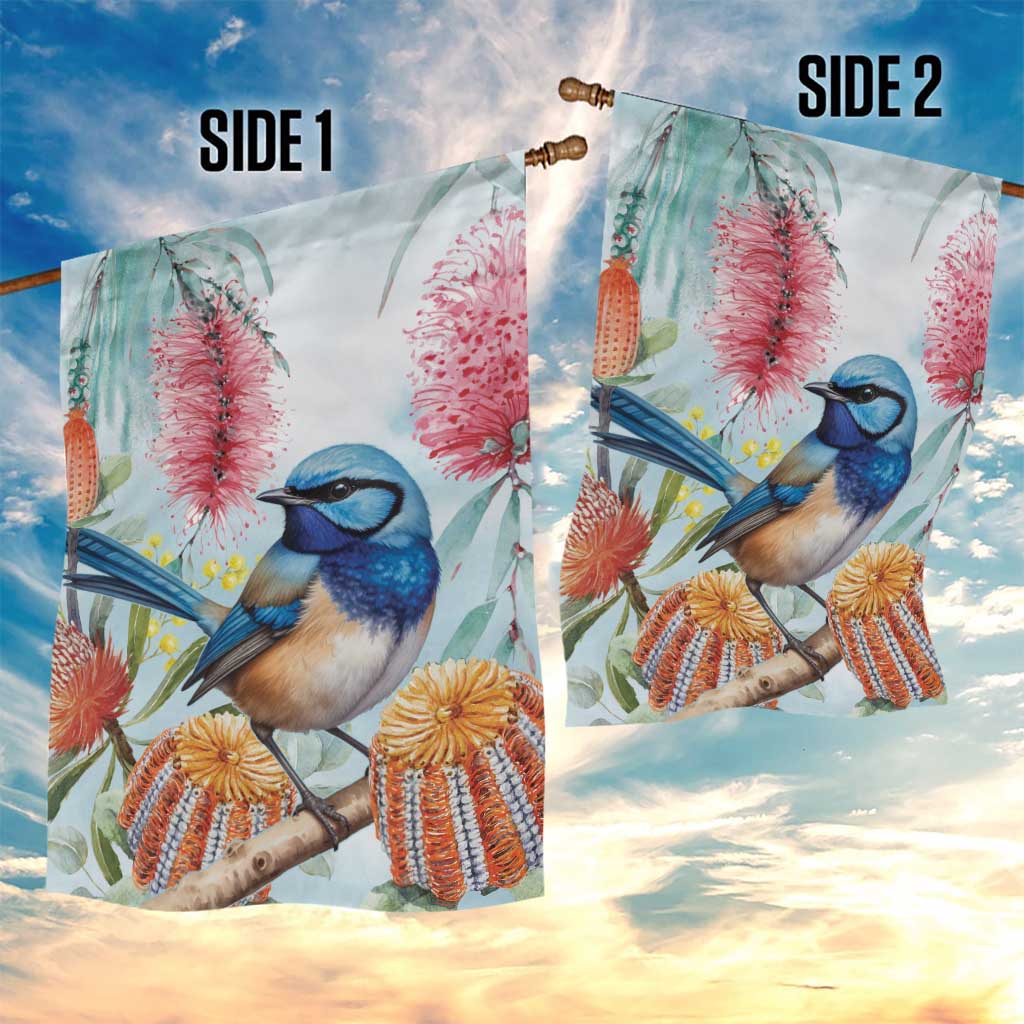 Splendid Fairy-wren Australia Garden Flag Aussie National Flowers - Watercolor Style