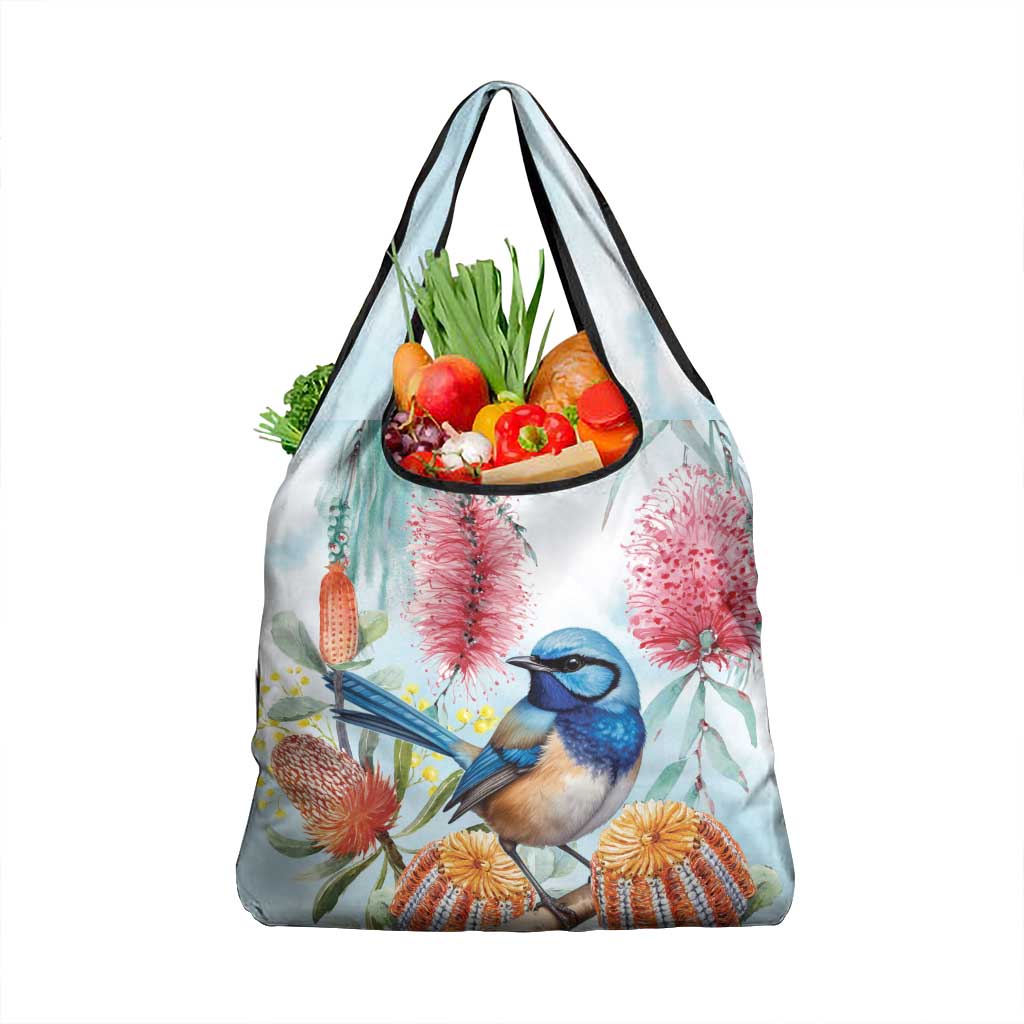 Splendid Fairy-wren Australia Grocery Bag Aussie National Flowers - Watercolor Style