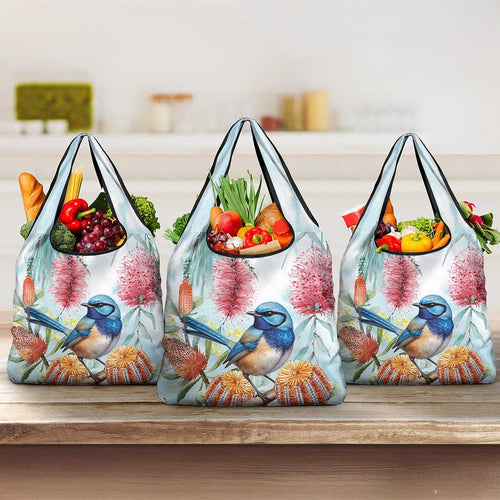 Splendid Fairy-wren Australia Grocery Bag Aussie National Flowers - Watercolor Style