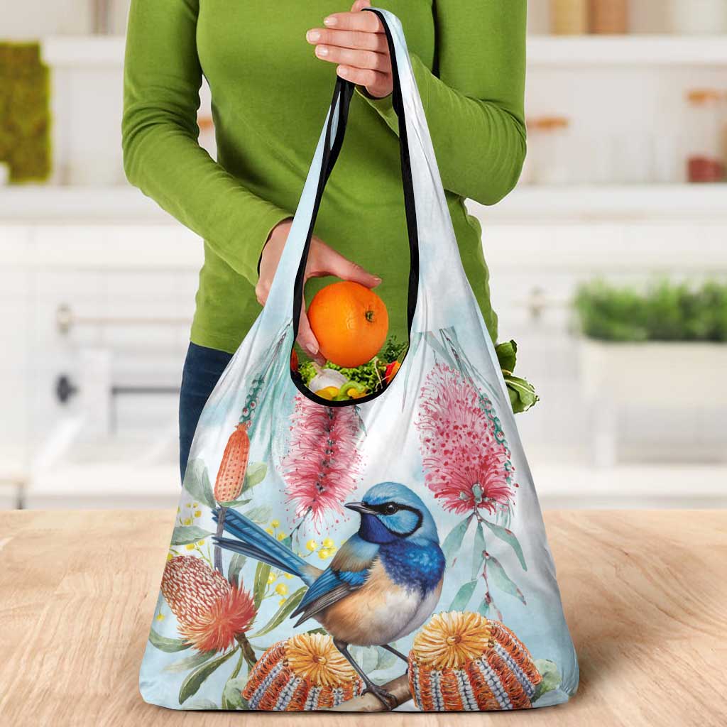 Splendid Fairy-wren Australia Grocery Bag Aussie National Flowers - Watercolor Style