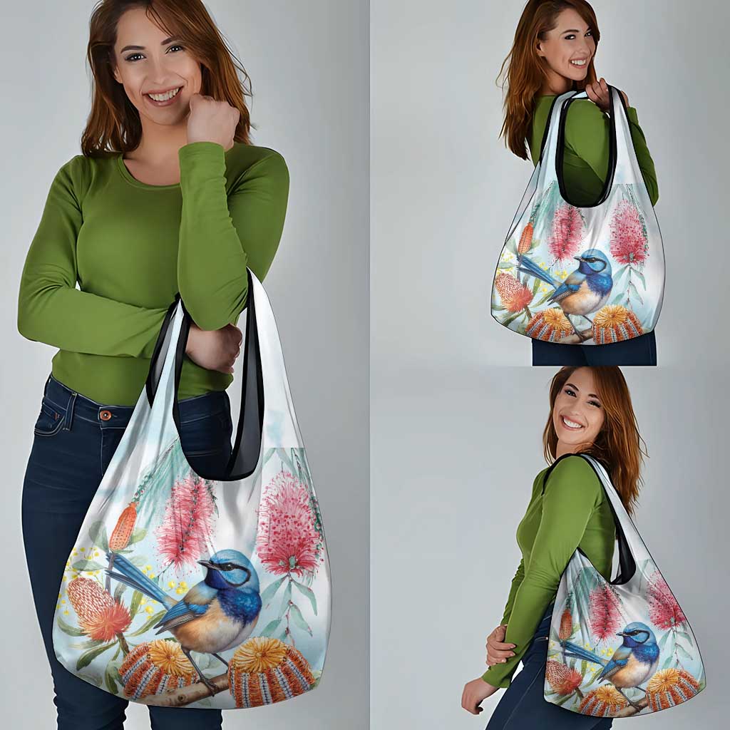 Splendid Fairy-wren Australia Grocery Bag Aussie National Flowers - Watercolor Style