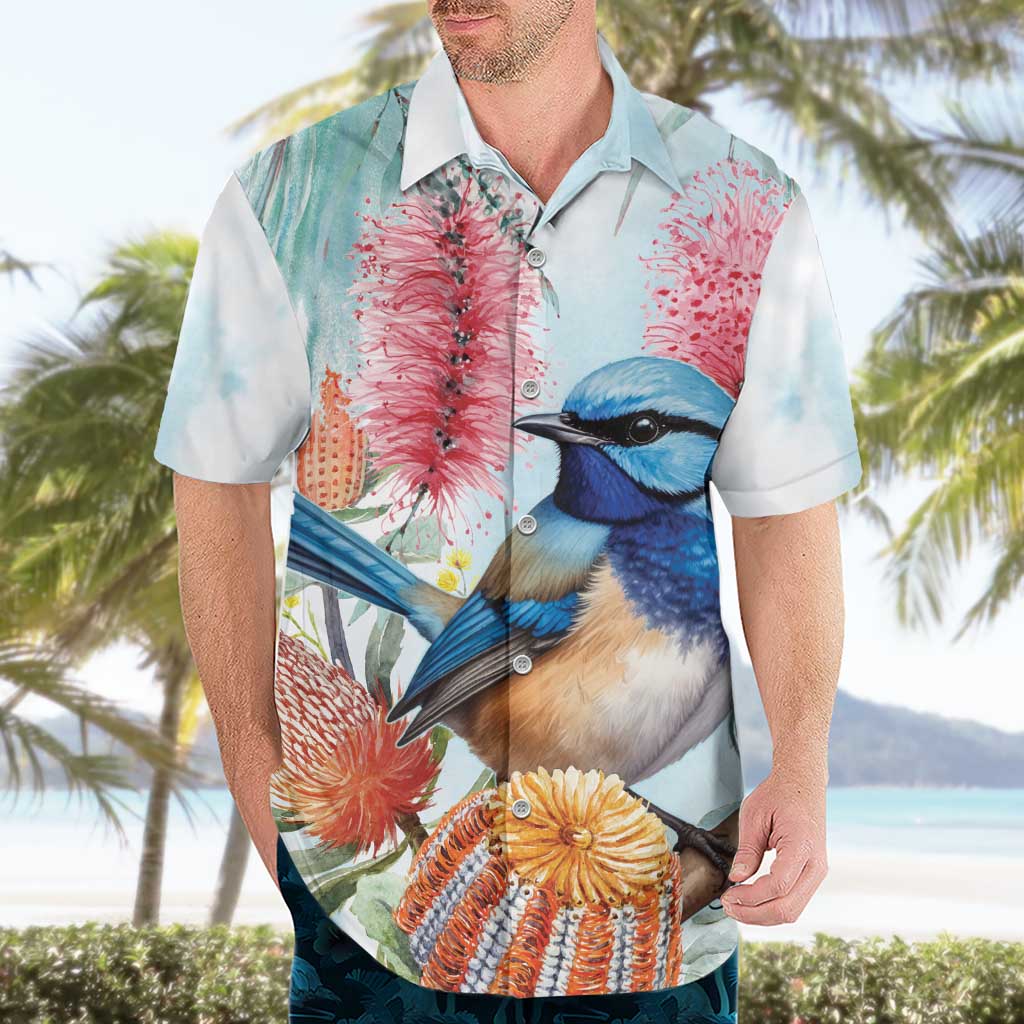 Splendid Fairy-wren Australia Hawaiian Shirt Aussie National Flowers - Watercolor Style
