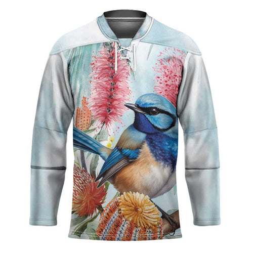 Splendid Fairy-wren Australia Hockey Jersey Aussie National Flowers - Watercolor Style - Aussie Hoodie